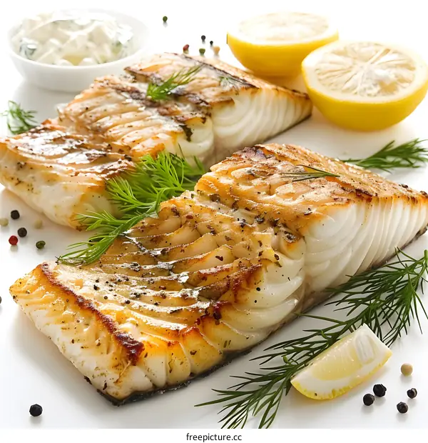 Grilled cod fillets with lemon and dill