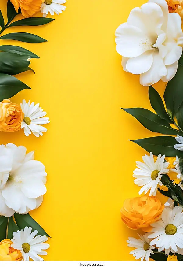 Floral Frame With Yellow and White Flowers on Yellow Background