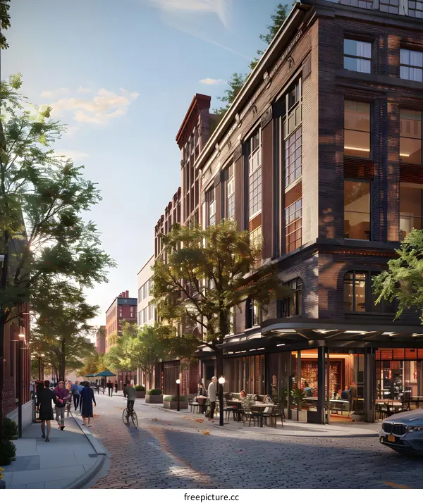 Urban Street Scene with People Walking Past Brick Buildings
