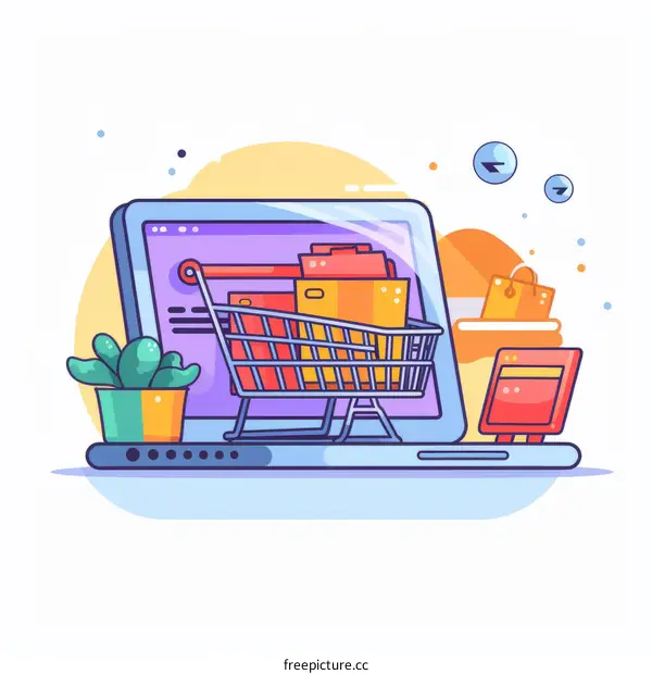 Online Shopping with Laptop, Cart, and Card