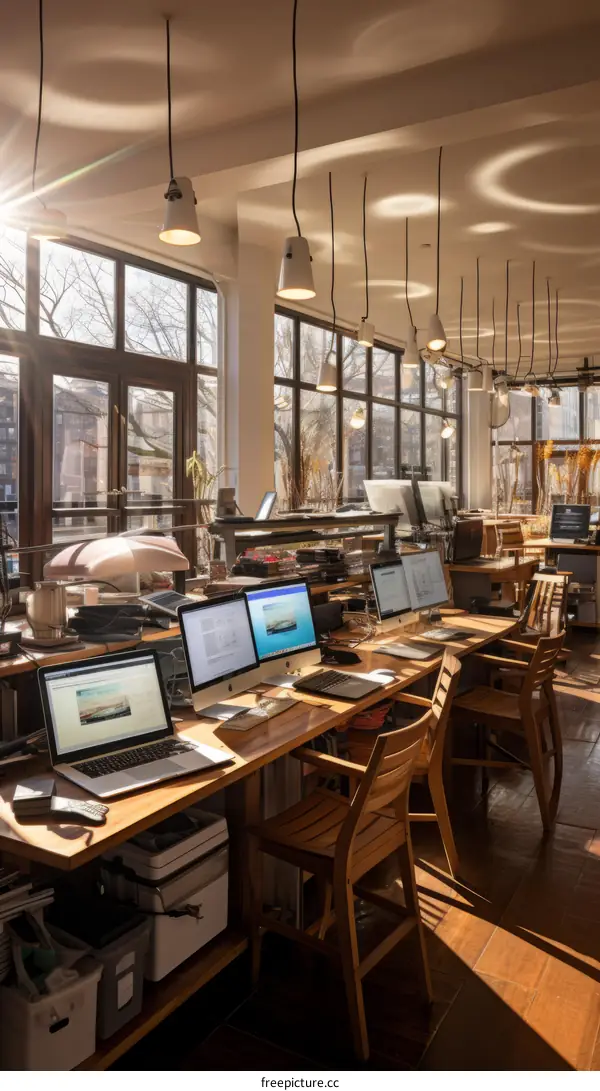 Sunlit coworking space at a modern office building