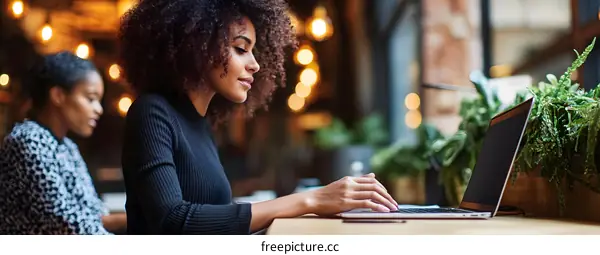 African American Woman Working on Laptop in Cafe