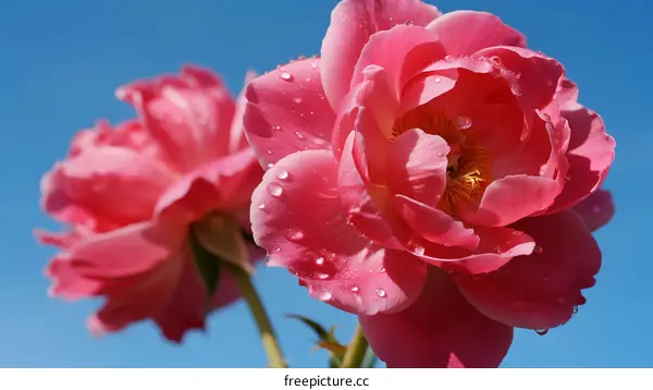 Beautiful Pink Roses with Water Drops Against Blue Sky