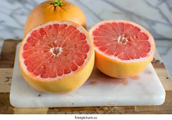 Freshly Cut Pink Grapefruit on White Cutting Board