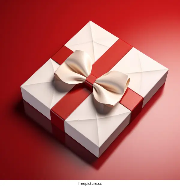 3D rendering of a white gift box with a red ribbon and bow on a red background