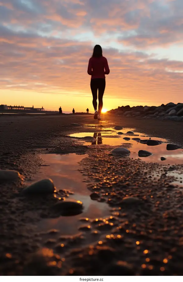 Woman running on beach at sunset