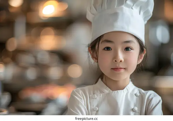 Little girl in a chef's hat looking at the camera
