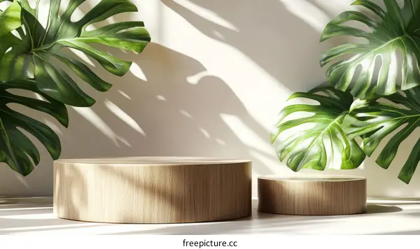 Wooden Display Podium with Lush Tropical Plants