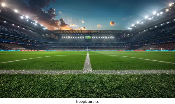 An empty soccer stadium at dusk with the lights on