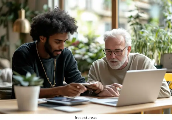 Two people working on a laptop in a cafe