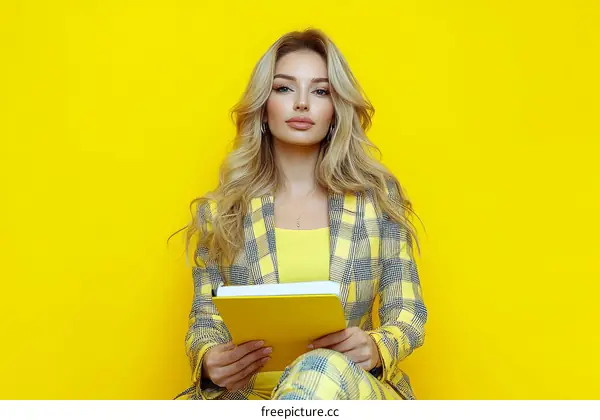 Blonde Woman Reading a Book on a Yellow Background