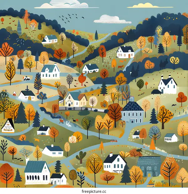 Autumn Village Illustration with Colorful Trees and Houses