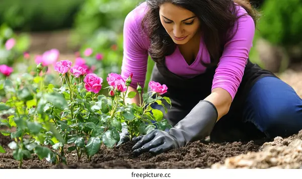 Woman Planting Rose in Garden