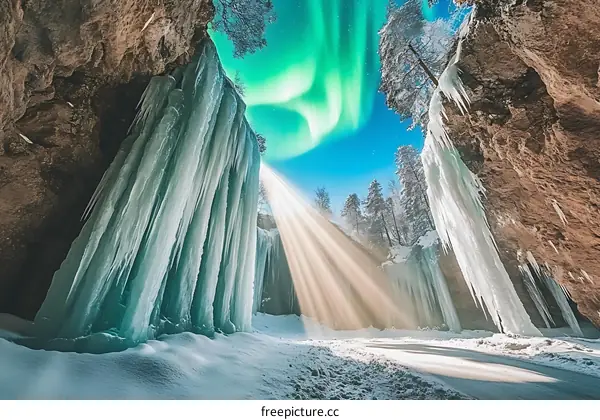 Frozen Waterfall and Aurora Borealis in the Winter Landscape