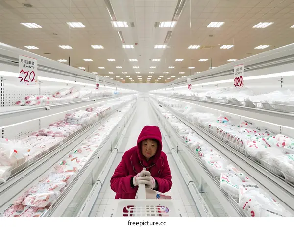 Elderly Woman Shopping for Meat in a Supermarket