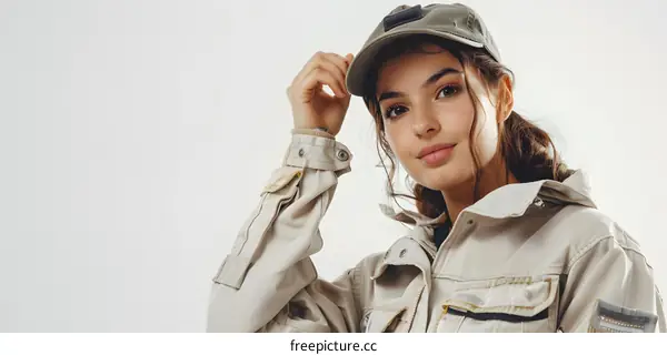 Portrait of a young woman in a beige jacket and green cap