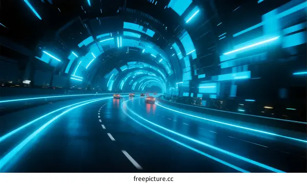 Futuristic tunnel with illuminated blue lights and moving cars