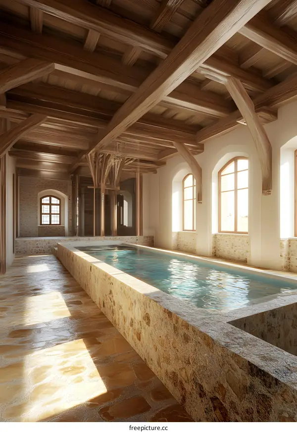 Stone and Wood Indoor Pool with Natural Light