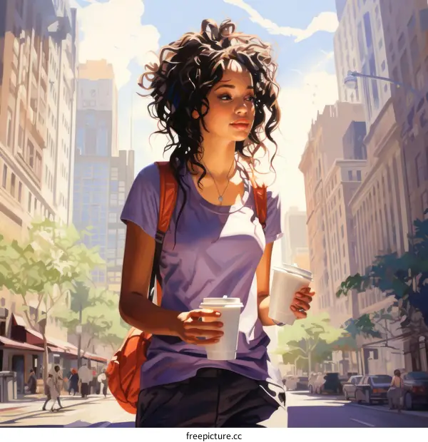 Woman with Coffee Walking Down a Busy City Street