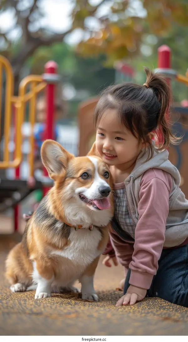 Asian toddler girl playing with a corgi dog in the playground