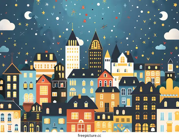 Night Cityscape with Colorful Houses and Stars