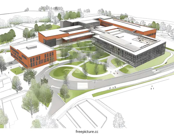 Aerial View of Modern Campus Design with Buildings and Greenery