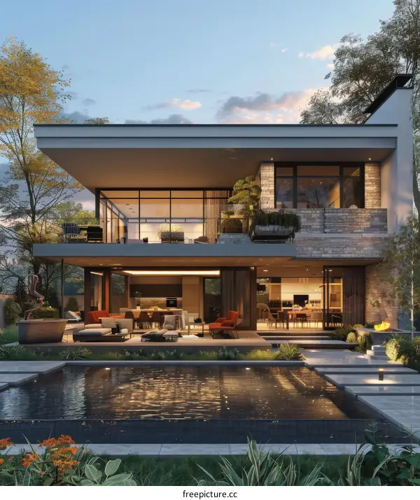 Modern house exterior with pool and garden