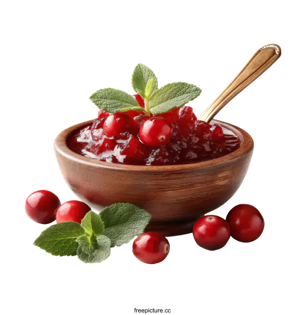 [Transparent Background PNG]Cranberry Sauce in Wooden Bowl with Fresh Herbs