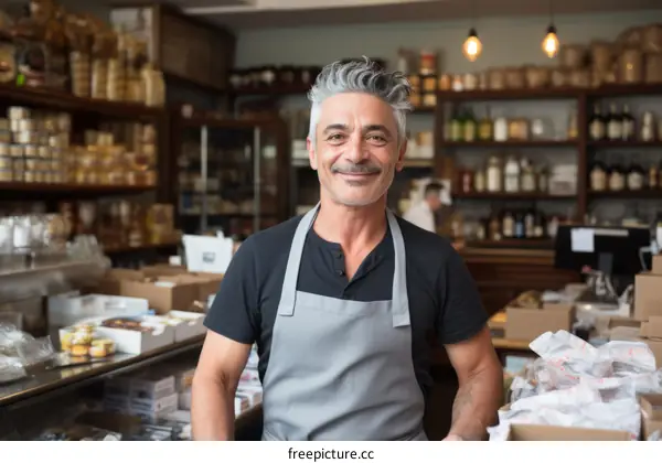 Portrait of a male business owner wearing an apron standing in his shop