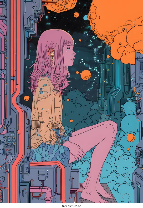 A girl sitting on a pipe in a futuristic city