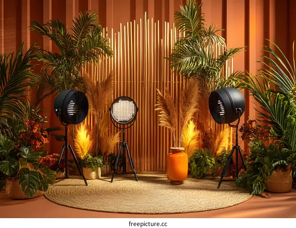 Tropical Themed Studio Backdrop with Lights and Plants
