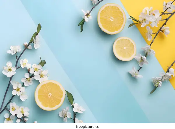 Lemon Slices and White Flowers on a Blue and Yellow Background
