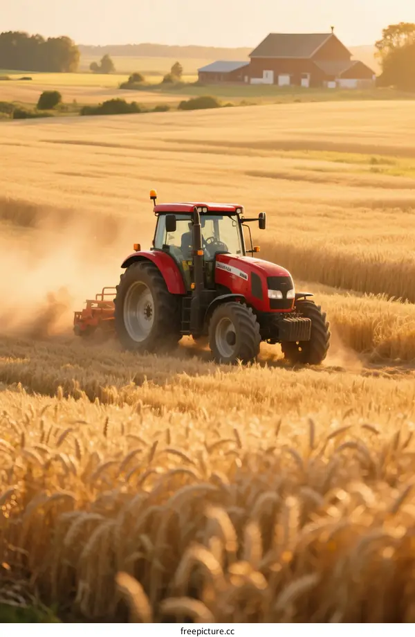 Red Tractor Cultivating Golden Wheat Field at Sunset