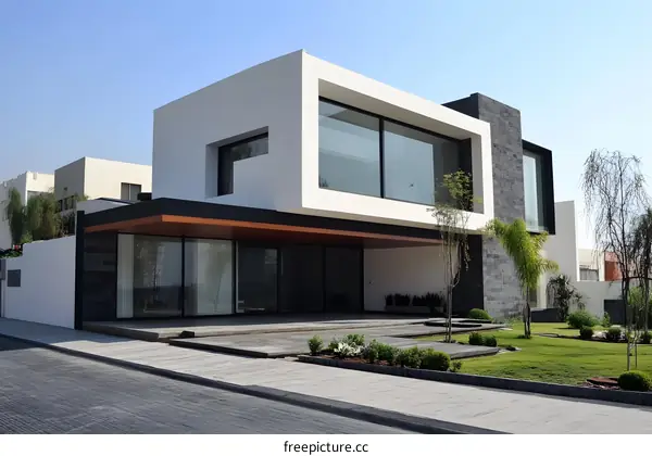 Modern Minimalist House with Large Windows and Stone Walls