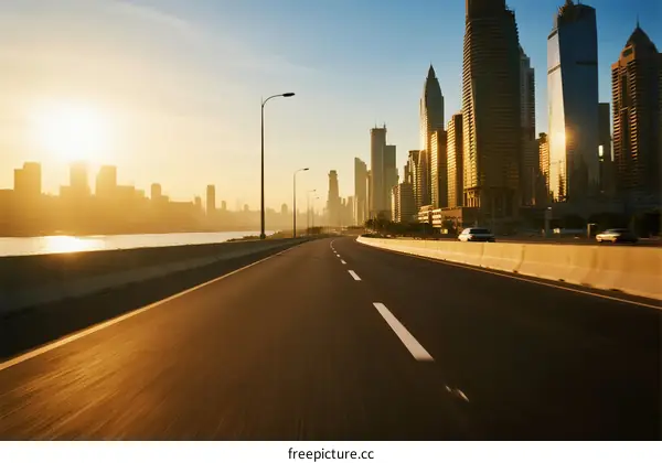 Sunset view of an urban highway with modern skyscrapers in the background