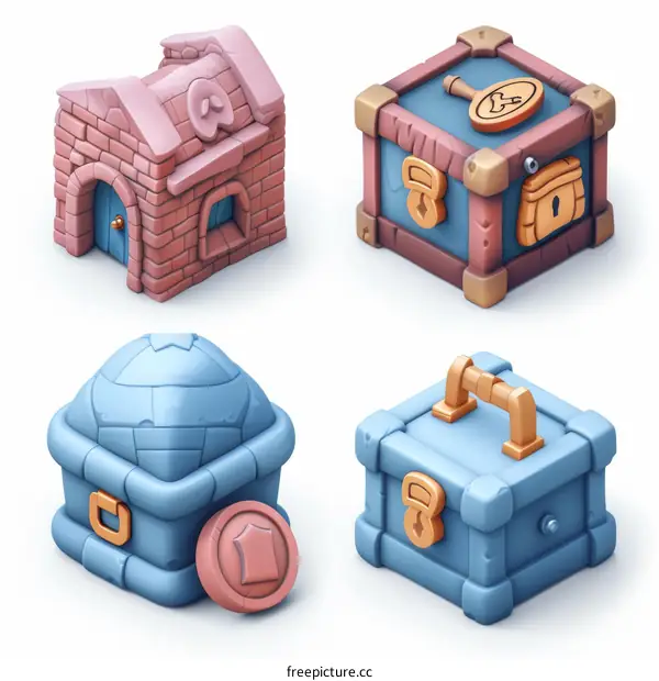 A variety of treasure chests in cartoon style