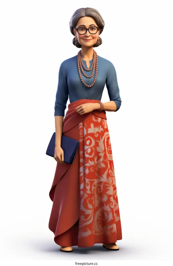 An illustration of an old woman in a blue blouse and a red skirt