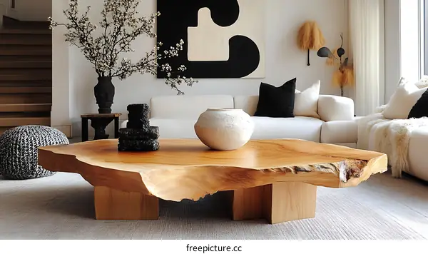 Modern Minimalist Living Room with Unique Wooden Coffee Table