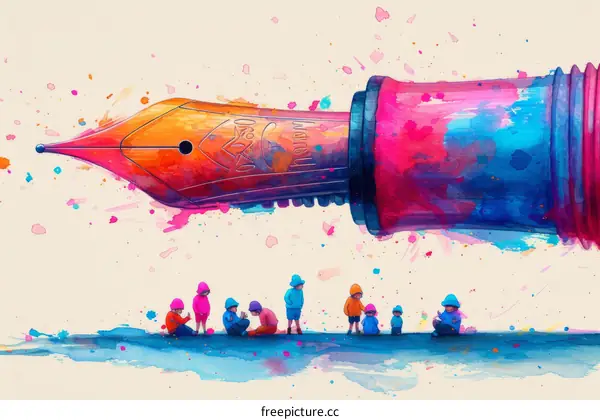Illustration of a group of diverse children playing with a giant fountain pen