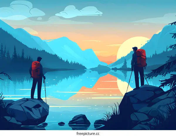 Two Hikers Enjoying the Sunset View by a Lake in Mountains