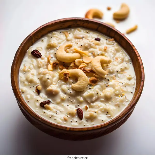 Kheer, a traditional Indian dessert made with rice, milk, and sugar, often garnished with nuts and raisins.