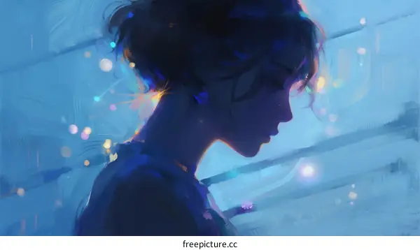 A Silhouette of a Young Woman with Curly Hair in Soft Blue Light