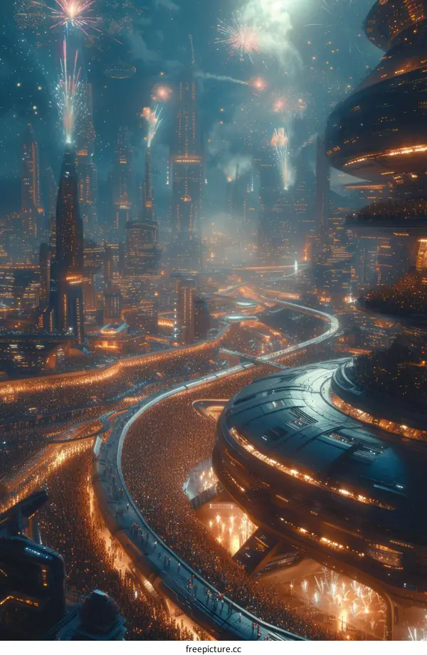 futuristic cityscape with fireworks and a large crowd of people