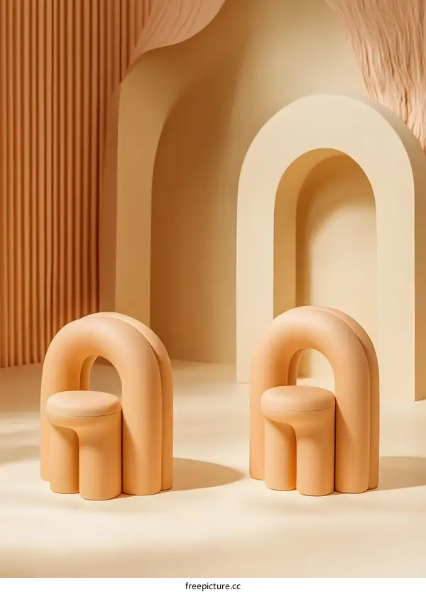 Abstract Minimalist Interior Design with Two Unique Arch Shaped Chairs