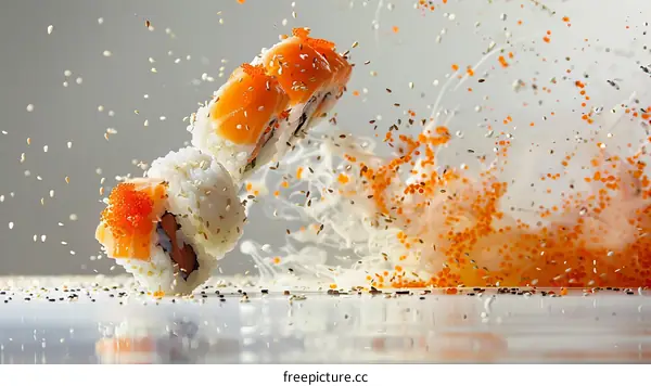 Sushi roll with salmon, roe, and sesame seeds
