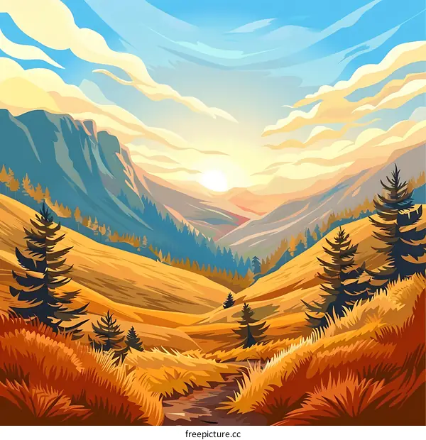 Mountain Landscape With Sunset Sky And Green Trees