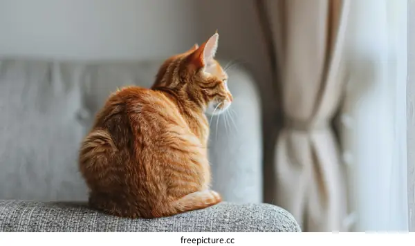 Orange Tabby Cat Relaxing on Gray Couch by Window