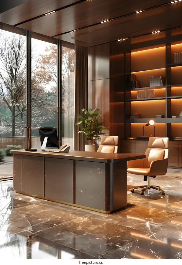 Modern office interior design with wooden wall and marble floor