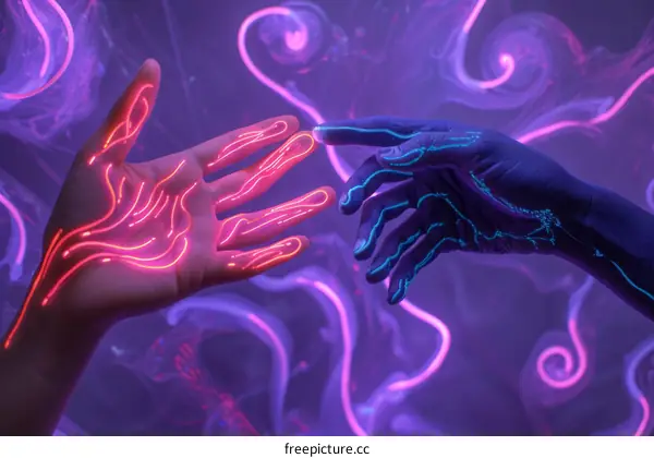 Digital hands reaching out to each other