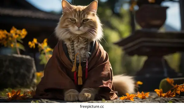 Ginger Cat in Kimono Meditates on a Rock in a Zen Garden